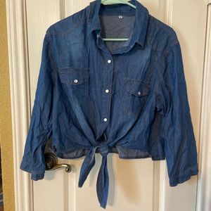 Distressed Jean front tie crop